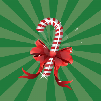Illustration of holiday background with candy cane with red bow.
