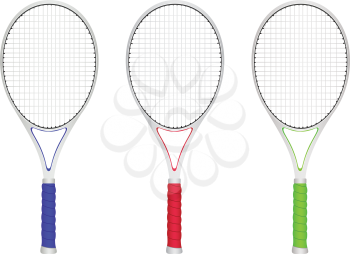 Colorful tennis rackets set on white background.