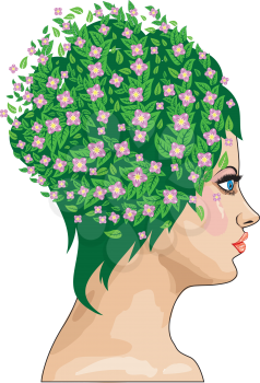 Portrait of a girl with green hair and pink flowers on white background.
