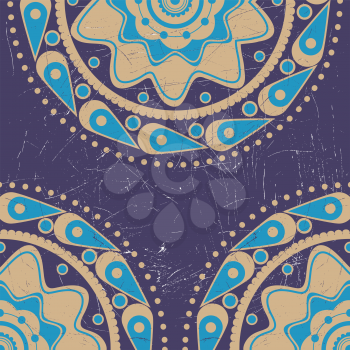 Abstract ornament of blue and yellow color on grunge violet background.