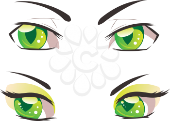 Male and female eyes of green color in manga style.