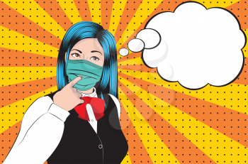 Young thoughtful woman wears disposable face mask pop art style illustration.