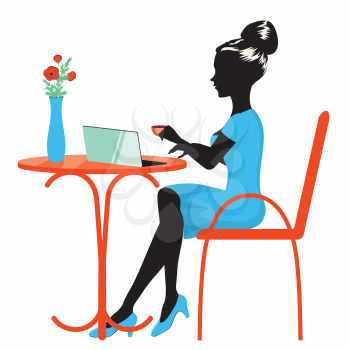 Freelancer, student or business woman sitting on a chair and working on laptop in cafe or from home.
