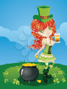 Pretty leprechaun girl on grass field, St. Patrick's Day illustration.