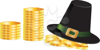 Illustration of black leprechaun hat and golden coins.