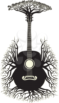 Vintage guitar silhouette with tree branches illustration.