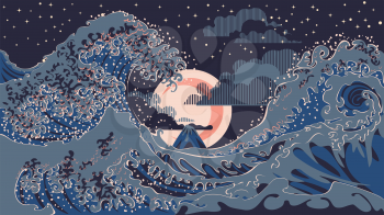 Illustration of nightscape with big ocean waves, modern retro art design.