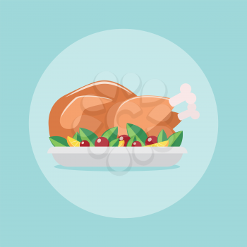 Tasty roasted turkey or chicken with vegetables on a plate, traditional holiday dinner.