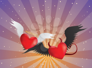 Valentine red hearts with angel wings on background with rays.