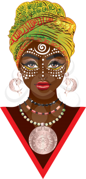 Young african woman wears turban with tribal voodoo makeup.
