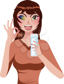 Cartoon happy girl holding glass of water on white background.