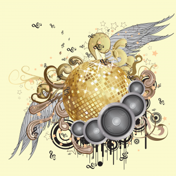 Music background with sparkling golden disco ball with wings.