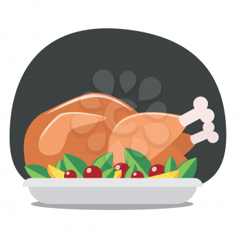 Tasty roasted turkey or chicken with vegetables on a plate, traditional holiday dinner.