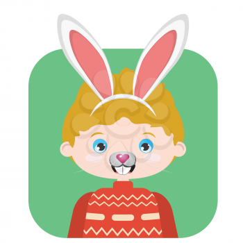 Cartoon boy with white bunny ears, Easter greeting.