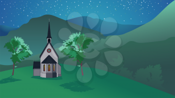 Ancient catholic church building in the night mountains illustration.