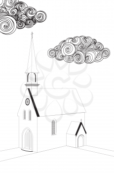 Ancient catholic church and clouds, line art illustration.