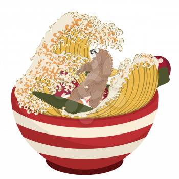 Cute cartoon sloth with a bowl of ramen illustration.