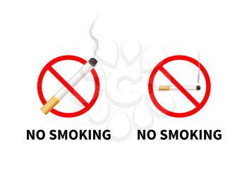 No smoking forbidden signs with realistic cigarette with smoke, isolated on white.