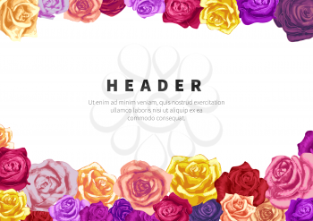 A5 size horizontal flyer template with lots of lovely colorful rosebuds isolated on white