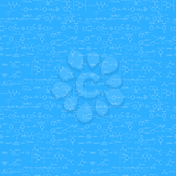 A lot of white recondite chemical equations and formulas written on blue, seamless pattern