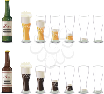 Bottles with dark and light beer. Glasses with light and dark beer of varying degrees of fullness icons isolated on white