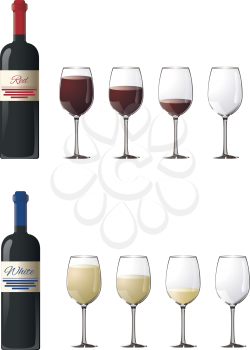 Bottles with red and white wine. Glasses with red and white wine of varying degrees of fullness isolated on white