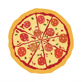 Bright colorful tasty pizza icon isolated on white