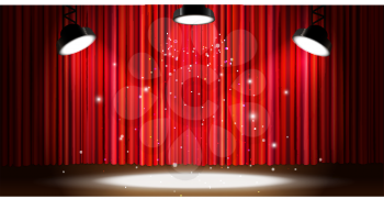 Bright red curtain with bright spotlight lighting, retro theater stage