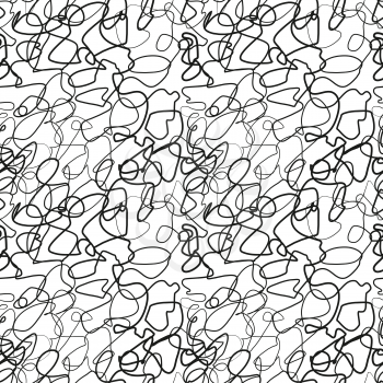 Chaotic black ink lines on white, seamless pattern