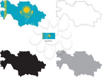 Kazakhstan country black silhouette and with flag on background, isolated on white