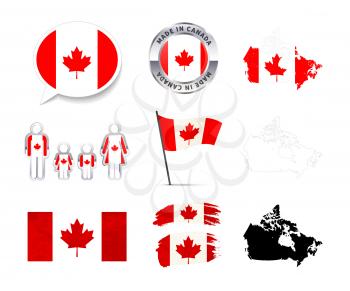 Large set of Canada infographics elements with flags, maps and badges isolated on white