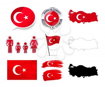 Large set of Turkey infographics elements with flags, maps and badges isolated on white