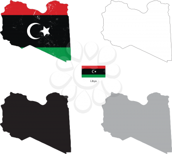 Libya country black silhouette and with flag on background, isolated on white
