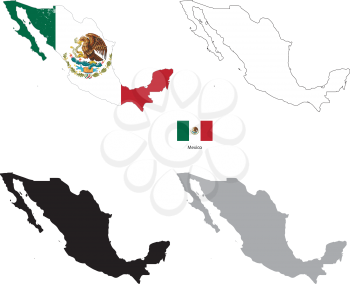 Mexico country black silhouette and with flag on background, isolated on white