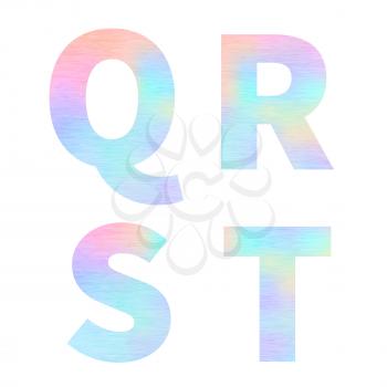 Modern Q R S T letters with bright colorful holographic foil texture on white