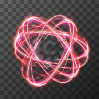 Neon blurry swirl, red trail effect at motion. Luminous rings on transparent background