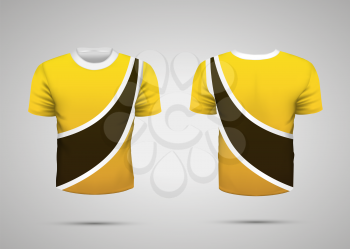 Realistic yellow sport t-shirt with black stripe from front and back