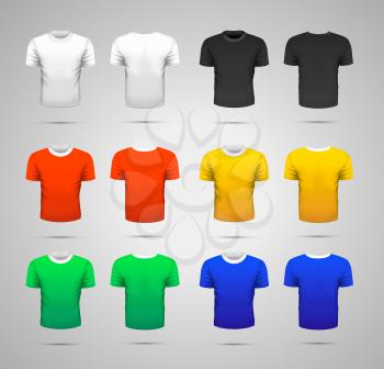 Set of realistic sport t-shirts in white, black, red, yellow, green and blue colors for different commands on white
