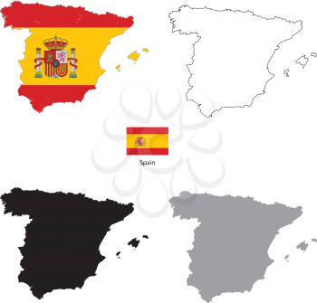 Spain country black silhouette and with flag on background, isolated on white