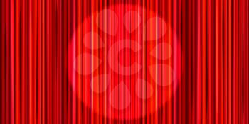 Bright red curtain with round spotlight lighting, retro theater stage wide background