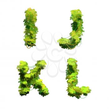 Cute cartoon tropical vines and bushes font isolated on white, I J K L glyphs