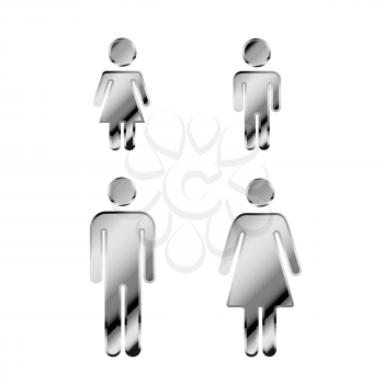 Glossy shiny silver metal man and woman with boy and girl symbols, family icon set isolated on white