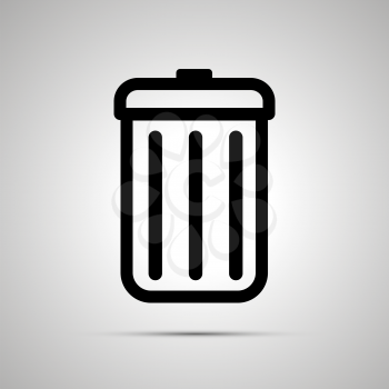 Simple black icon of trash can with shadow on light background