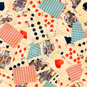 Detailed colorful poker cards with old paper texture, vintage seamless pattern