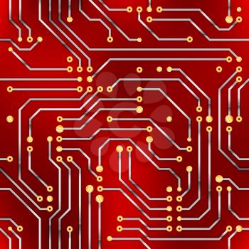 Complicated computer microchip, seamless pattern on red background