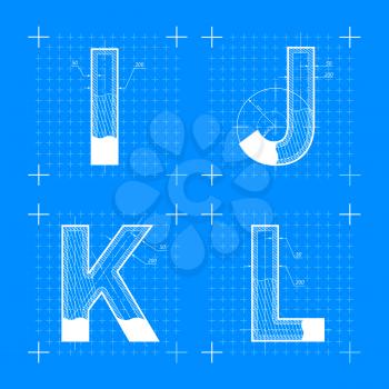 Construction sketches of I J K L letters. Blueprint style font.