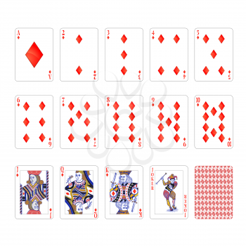 Full set of diamonds suit playing cards with joker on white