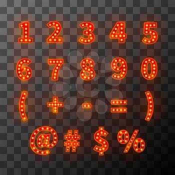 Lighting bulb font, bright alphabet in cabaret style, numbers and signs on transparent background