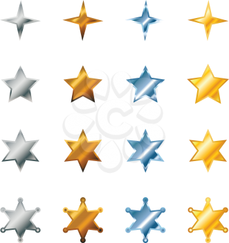 Set of different stars made from steel, bronze, silver and gold