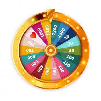 Bright Golden Wheel of Fortune with lighting bulbs isolated on white